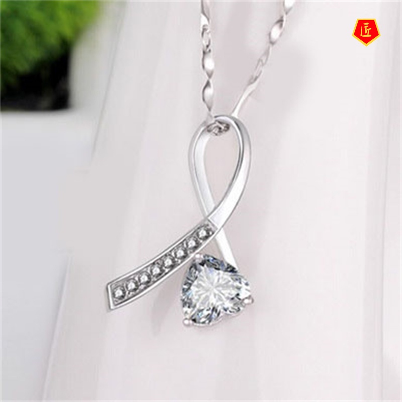 [Ready Stock]Single Bow Diamond Silver Necklace Simple Fashion