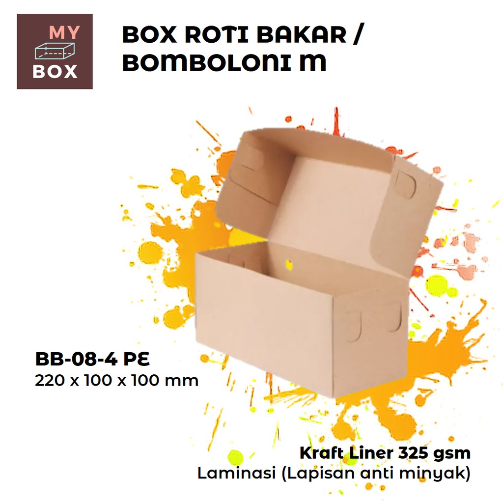 

BOX DUS KARDUS KOTAK ROTI BAKAR DONAT BOMBOLONI BOLU (M) BB-08-4PE 22x10x10 cm KRAFT 325gsm LAMINASI