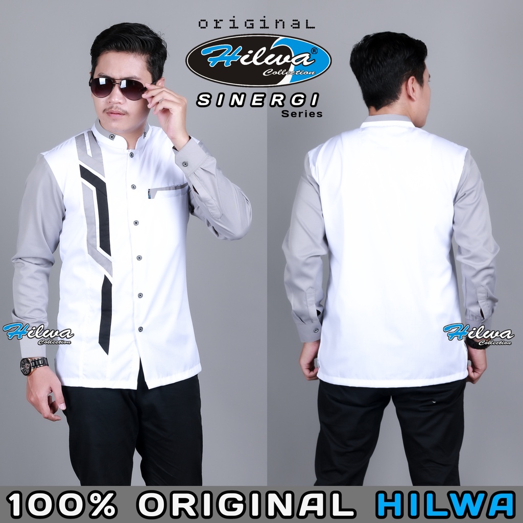 [BEST SELLER] HILWA COLLECTION Baju Koko Pria Dewasa Lengan Panjang Motif Sinergi Warna Putih Abu Bahan Katun Toyobo Original