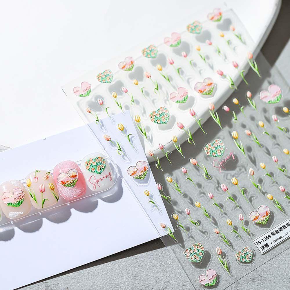 Mxbeauty 3D Kuku Seni Stiker Salon Lucu Perekat Diri Decal Cinta Hati Tulip DIY Manicure Aksesoris Kuku Foil Decals