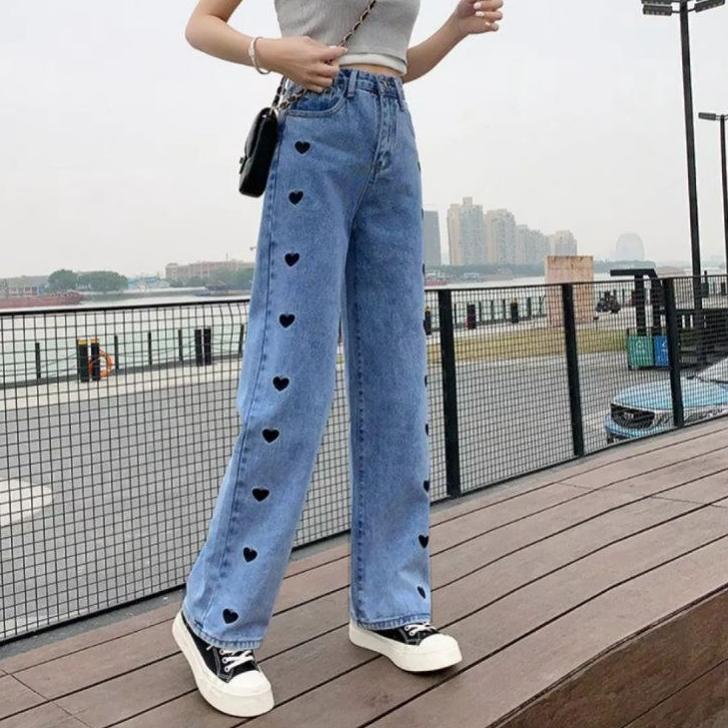 [PRODUK Y97V8] Highwaist Celana Kulot Jeans Love Wanita Korea Boyfriend BF Jeans Bordir Love Kekinia