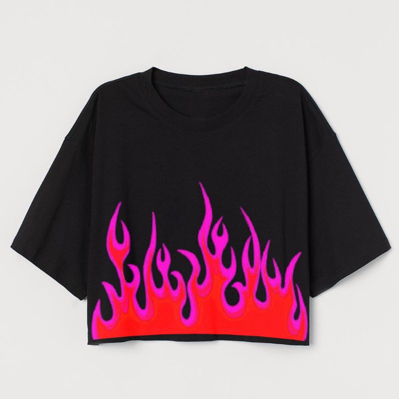 CROP TEE MOTIF API | KAOS BAJU CROP TOP FIRE KOREA STREETWEAR OVERSIZE HITAM WANITA | CROPTEE WOMAN