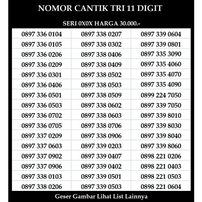Nomor Cantik Tri 11 Digit Kartu Perdana Three Nomer Murah
