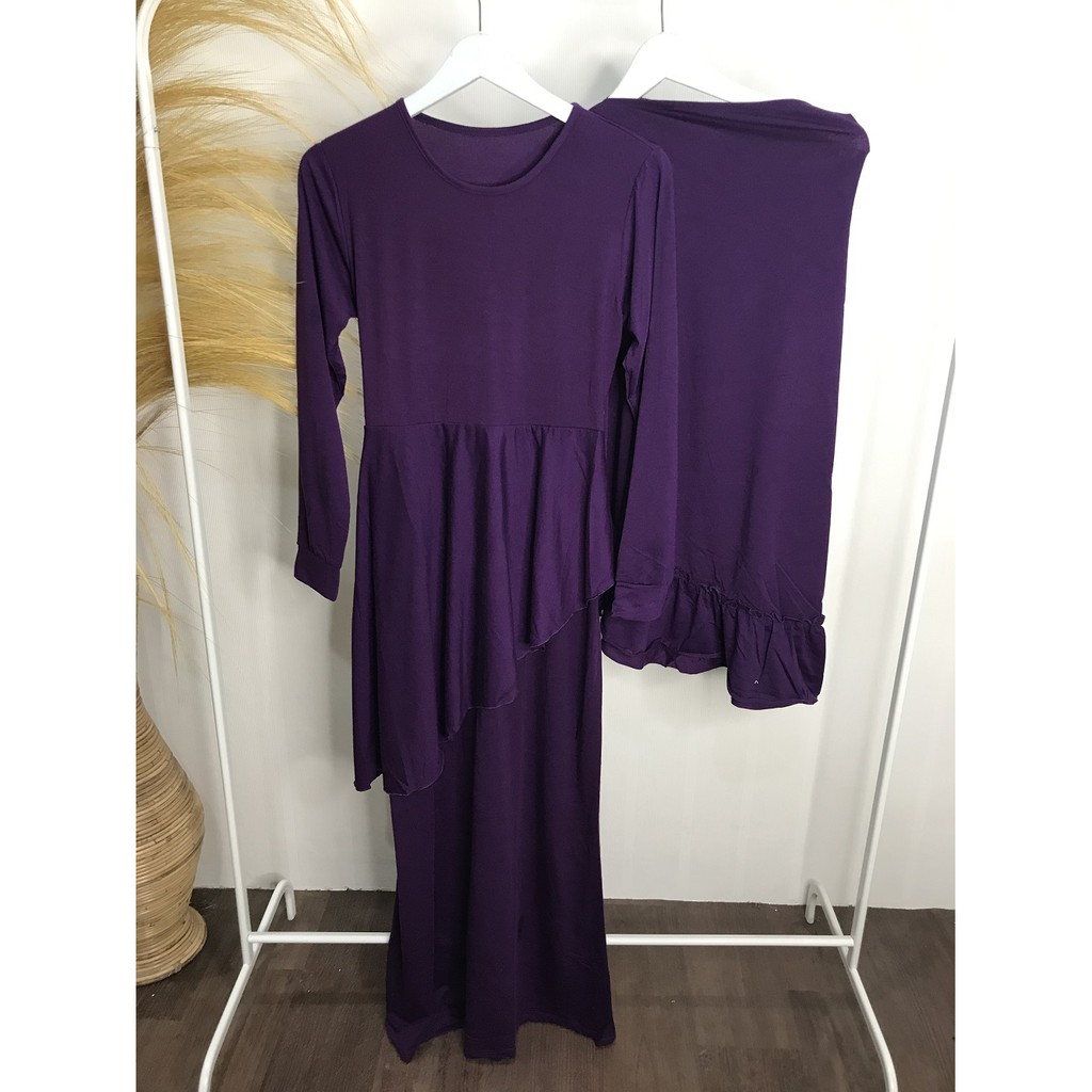 HOPYLOVY SUPER SALE Gamis Bahan Katun Spandek Stretch Ungu Tua + Bergo