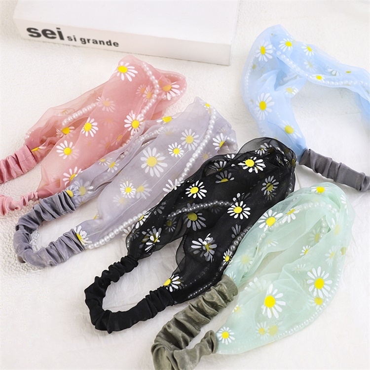 Bando Bahan Sifon Bandana Korea Chiffon Motif Bunga Daisy Untuk Aksesoris Rambut Wanita Mesh Twist Knot Wide Headband