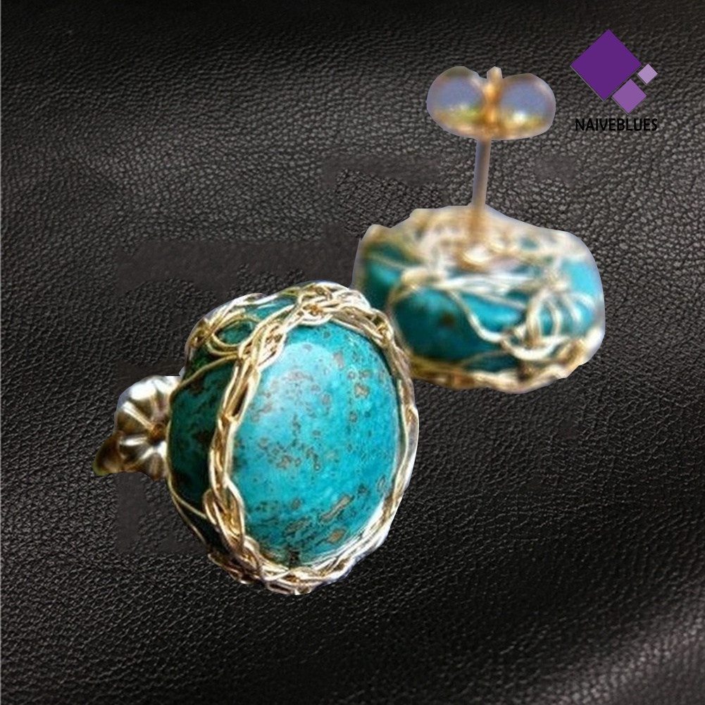 Anting Stud Bentuk Bulat Turquoise Imitasi Gaya Vintage Untuk Wanita