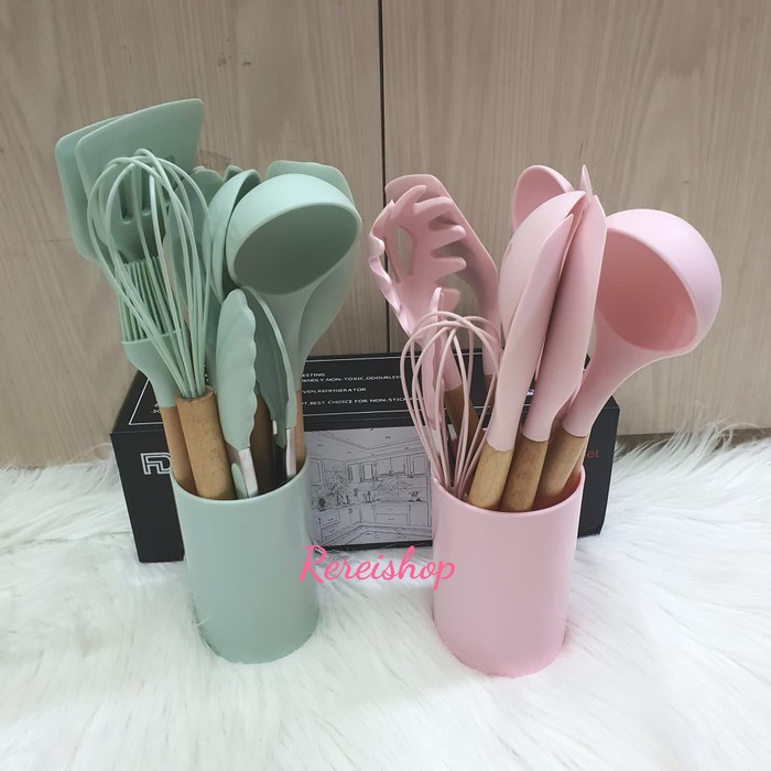 12pcs silicone cooking utensil spatula set with wooden handle