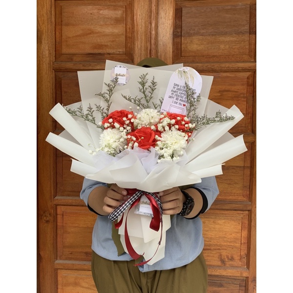 Buket Bunga Palsu Rose mix Pompom - Buket wisuda/ Ultah/ Anniversary Murah