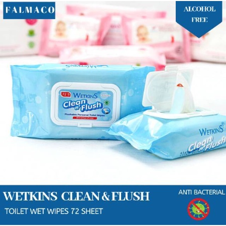 TISSUE BASAH WETKINS CLEAN DAN FLUSH 10'S DAN 72'S TISU BASAH FLUSHABLE