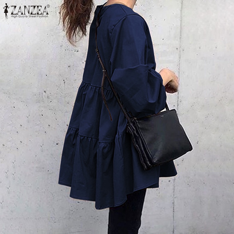 ZANZEA Women Vintage Loose Long Puff Sleeve Casual Pleated Blouse