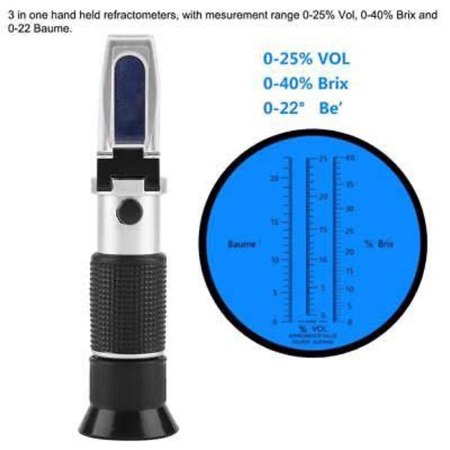 REFRACTOMETER BRIX 0-40%, ALCOHOL 0-25%, BAUME : 0-22Be (3 in 1)