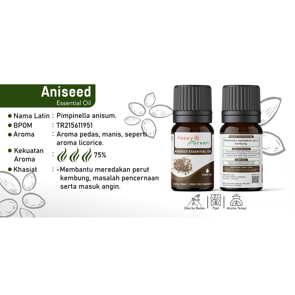 BPOM Happy Green Aniseed Essential Oil - Minyak Essensial Biji Adas 100% Murni Garansi Uang Kembali