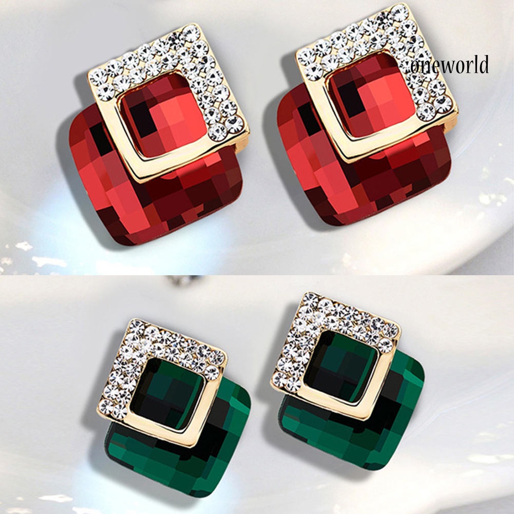 OW@ Concise Rhinestone Inlaid Square Stud Earrings Women Banquet Party Jewelry Gift