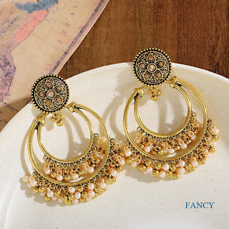 Anting Rumbai Manik-Manik Mutiara Bentuk Bulat Warna Silver Gaya Retro Indian Jhumka Untuk Wanita