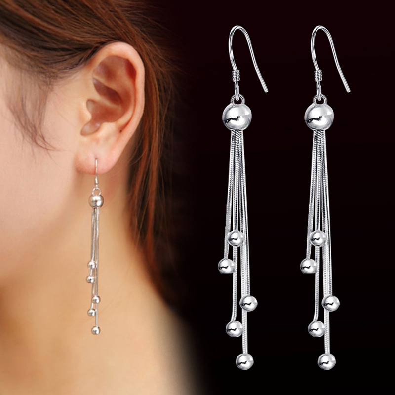 Anting Gantung Sterling Silver 925 Model Rantai Ular Dengan Bola Pompom Untuk Wanita