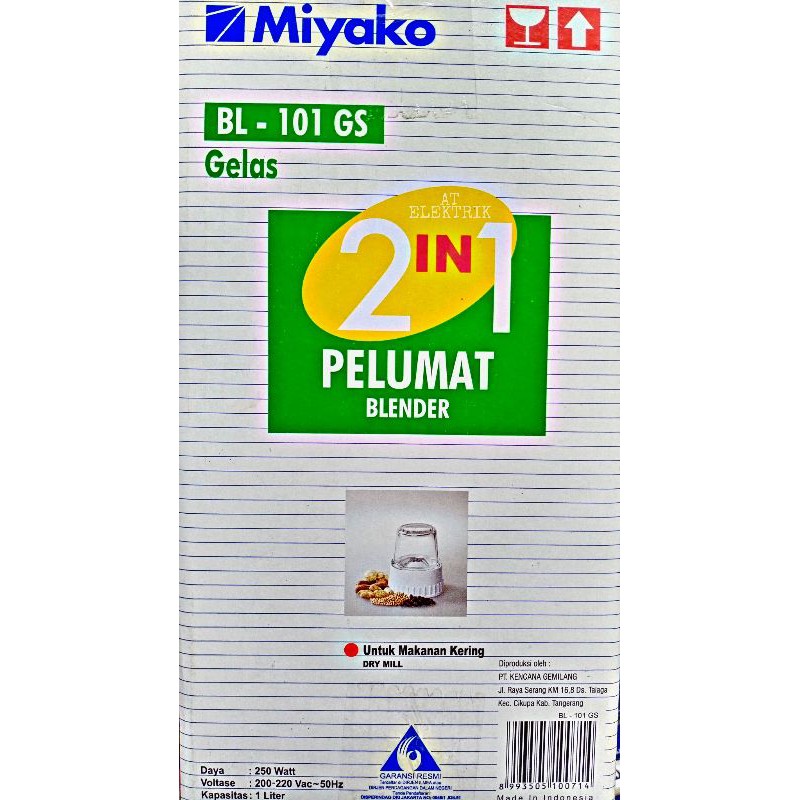 Blender Gelas / Beling / Kaca MIYAKO BL 101 GS 2 IN 1 / Pelumat MIYAKO 2 in 1 ( Kapasitas 1 Liter )