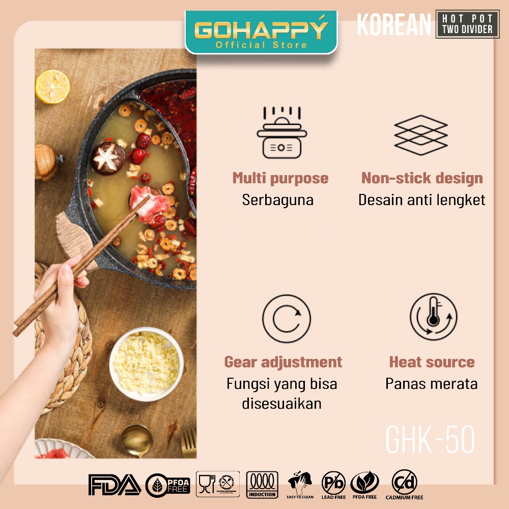 PANCI SHABU SHABU YIN YANG Gohappy Hot pot GHK50 Alat masak grill pan panggang / kuah steam boat sukiyaki 32 CM INCLUDE GLASS LID