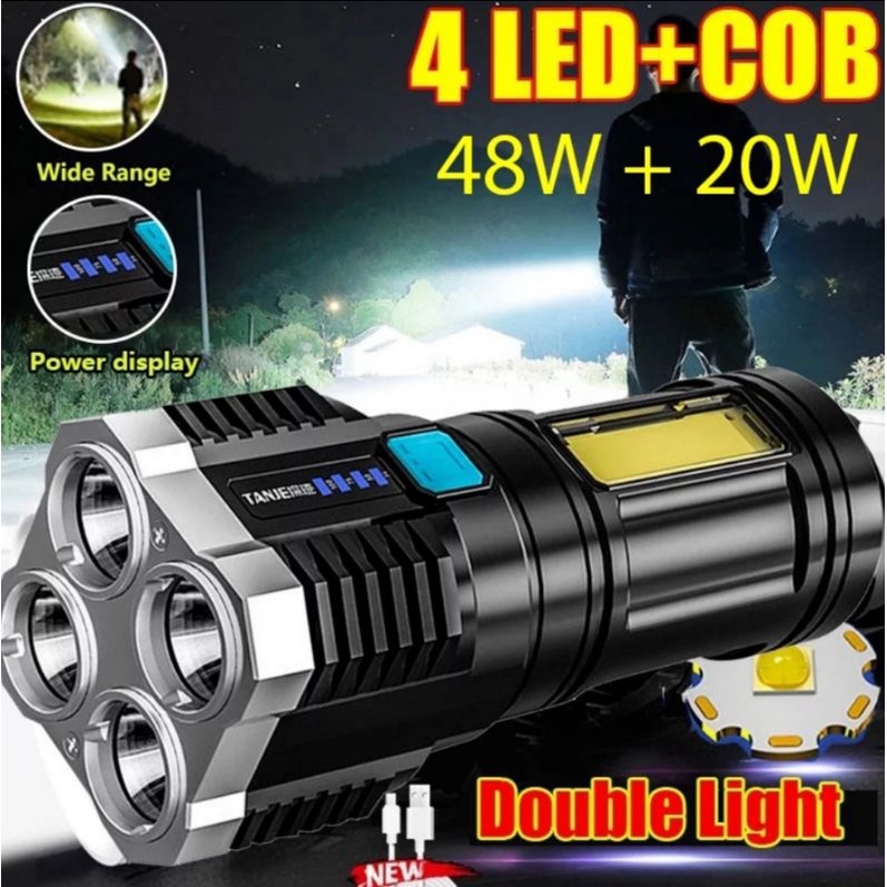 Senter LED 4 Mata + COB Super Terang Charger USB / Senter LED 48 W + 20W L-S03