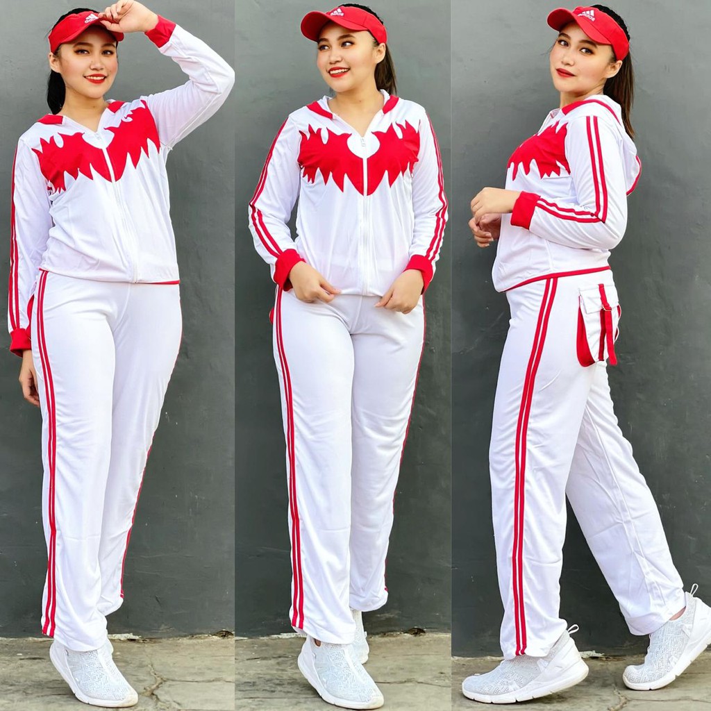 Baju Senam Setelan  Lapangan Cycling Fitness Hijab Panjang Cakar Pendek Putih l Merah