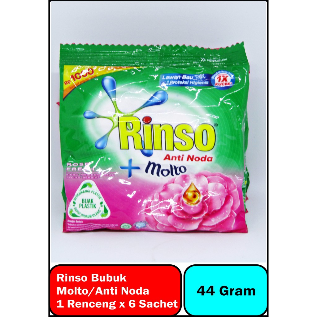 

Rinso Bubuk Molto (Pink)/Anti Noda (Hijau) 1 Renceng x 6 Sachet x 46 Gram