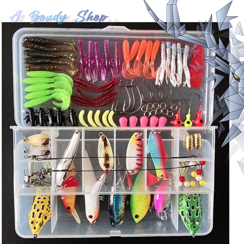 Umpan Pancing Tiruan Semua Ikan Set Fishing Bait Kit Bentuk Katak Udang Cumi Jangkrik 109 PCS Silico