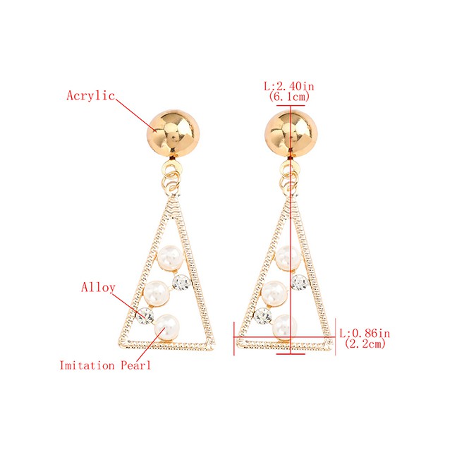 LRC Anting Tusuk Fashion Golden Triangle Alloy Acrylic Diamond Pearl Earrings K10049