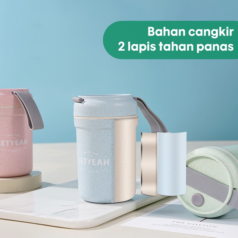 Letyeah &amp; Kaizenliving Cangkir sup tahan panas anti bocor tumpah portable dengan sendok / BPA free