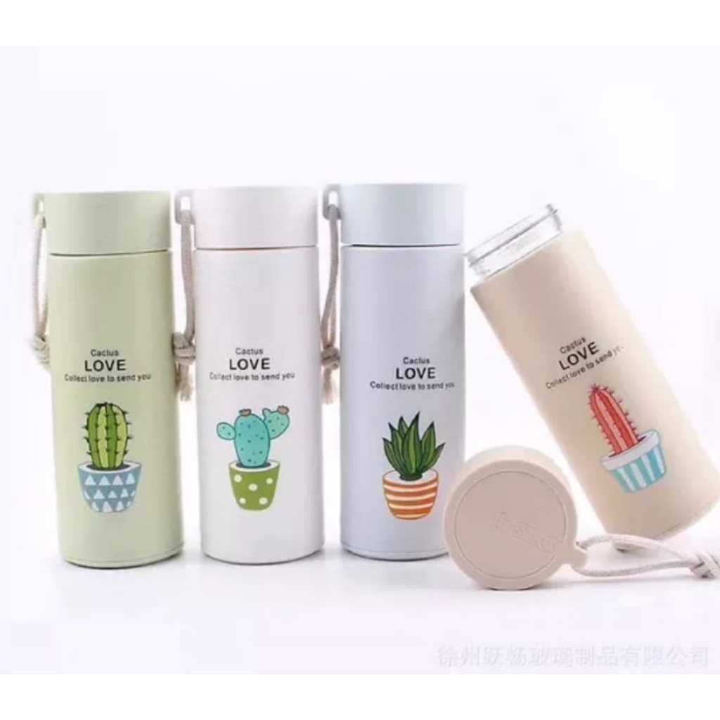 Botol Minum Kaca 450ml Karakter Motif Kaktus Lucu Unik Warna Warni Korea Cantik Free BPA Tahan Panas-Tempat Minuman Bahan Kaca Aesthetic Cover Plastik Thermos Tumbler Air 450 ml Murah Mini