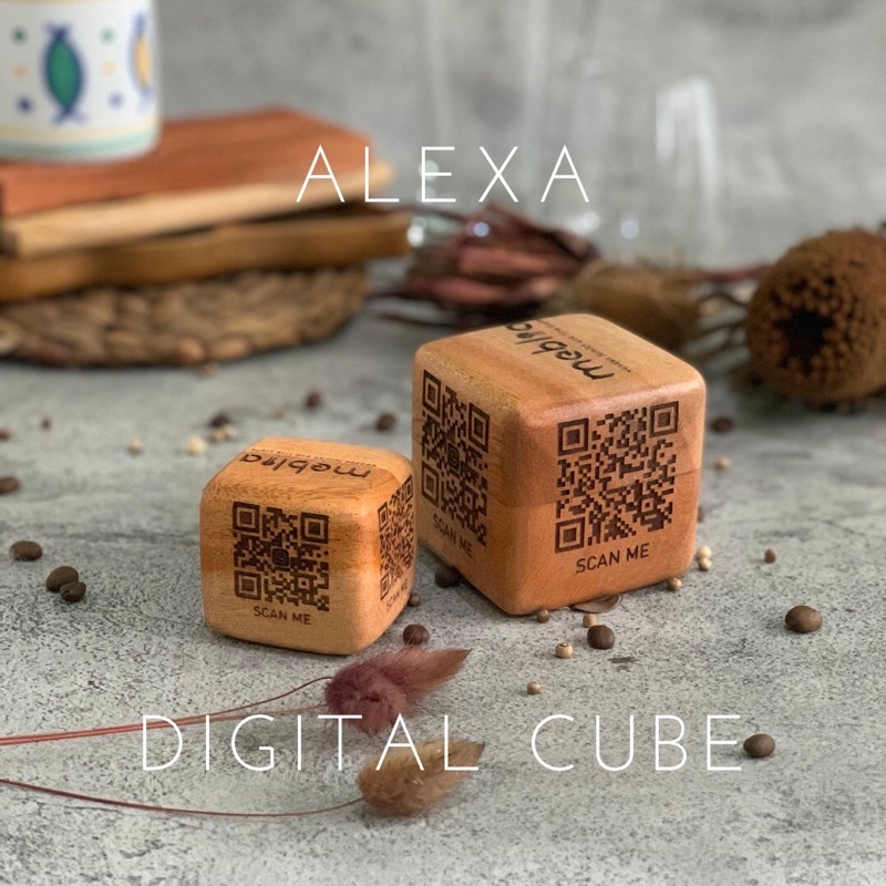 Alexa Wooden Cube Kubus Kayu Menu Cafe Resto Digital Menu QR code menu