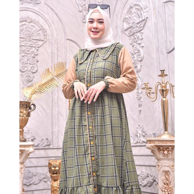 ZAJA - Baju Gamis Rianty Dress /Terbaru Gamis Motif Kotak Kotak Kombinasi Polos Desain Simple Dan Menawan / Dress Muslim Flanel Kasual Full Motif / Gamis Murah Menawan / Baju Muslim Kotak-kotak Mix Polos Wanita