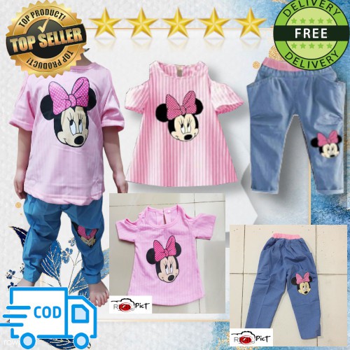 VISION ONLINE-ST STRIPY MINNIE PINKY ANAK PEREMPUAN CEWEK 1 2 3 4 THN MURAH BAJU KAOS SABRINA DENIM