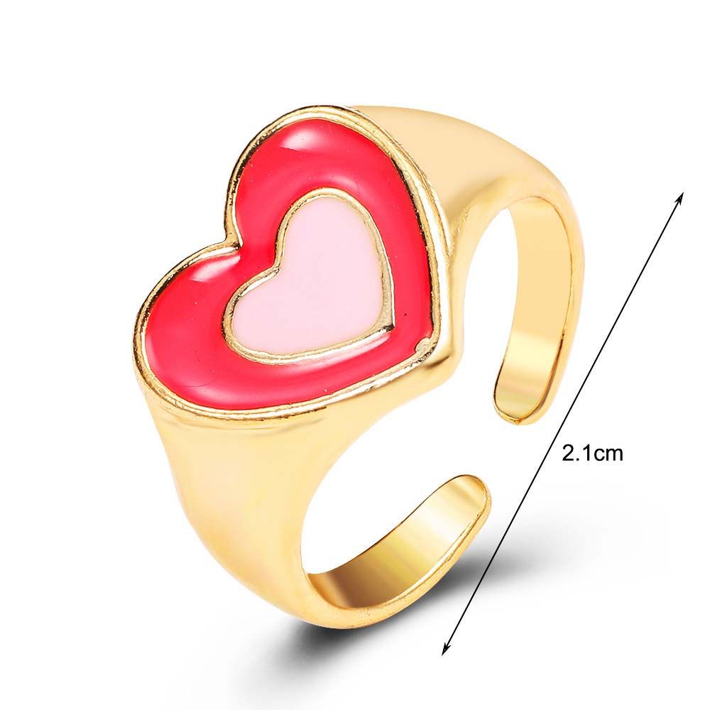 Needway  Colorful Heart Rings Simple Finger Rings Open Ring Dripping Oil Creative Korean Temperament Vintage Double Layer Love Fashion Jewelry