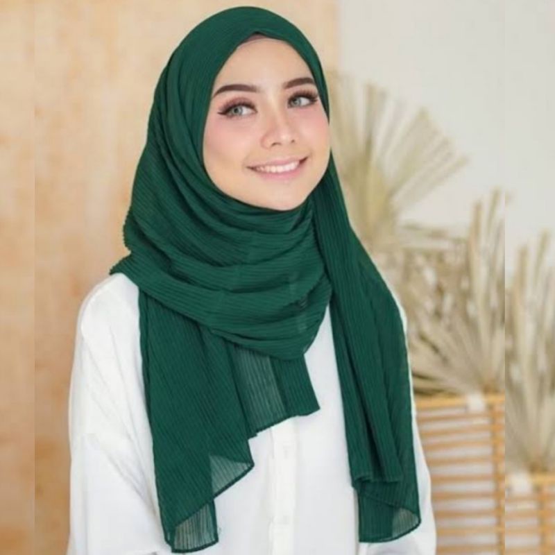 DISKON.! Pashmina FULL PLISKET || Pleated Shawl-Hijau botol