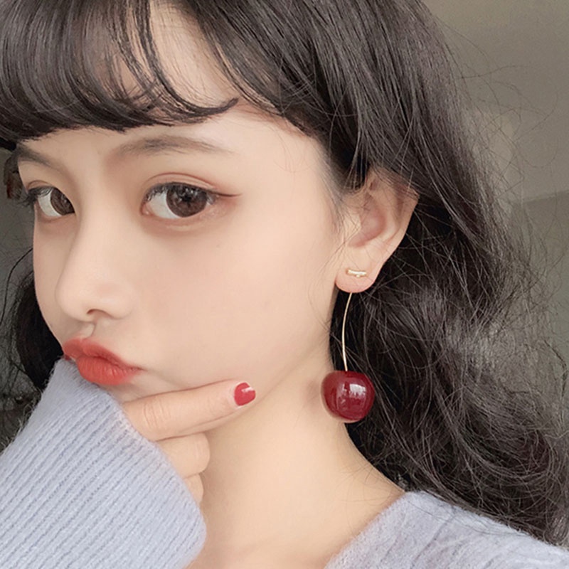 Anting Stud Panjang Desain Buah Cherry Bahan Resin Gaya Korea