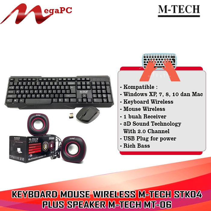 Combo Paket Keyboard Mouse Wirlles M-tech STK04 + Speaket M-Tech MT-06