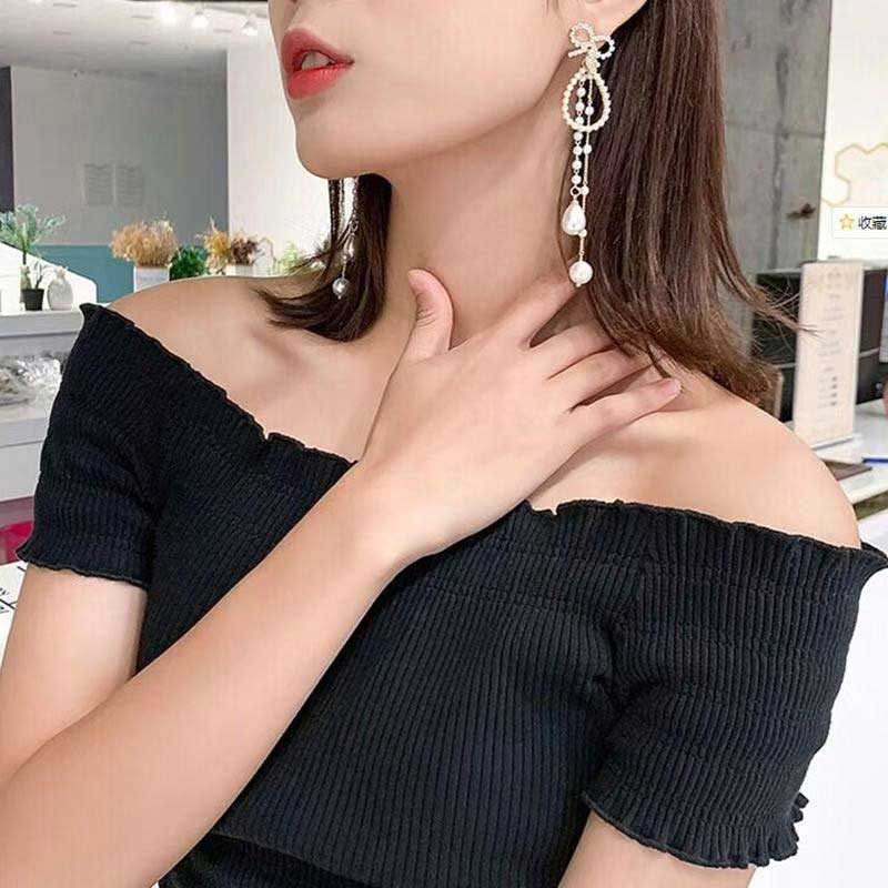 XiaoboACC Anting Tusuk Gantung Bahan Sterling Silver 925 Desain Pita + Mutiara Gaya Korea Untuk Wanita