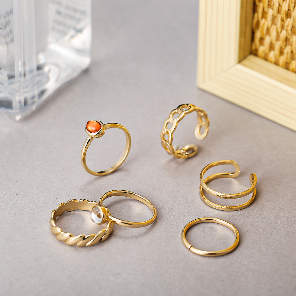 6pcs / Set Cincin Emas Adjustable Hias Batu Akik Gaya Retro