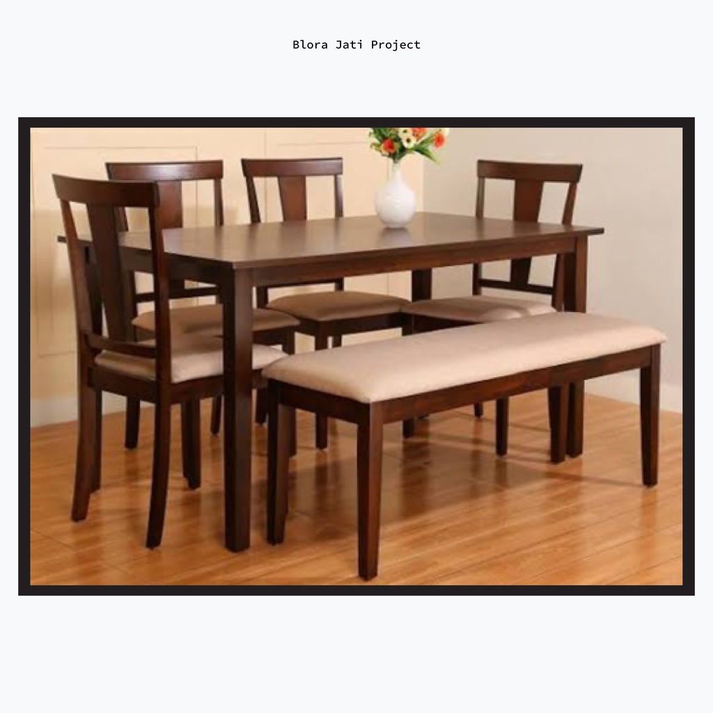 Simple Set Kursi Meja Makan Kombinasi Natural Kayu Jati