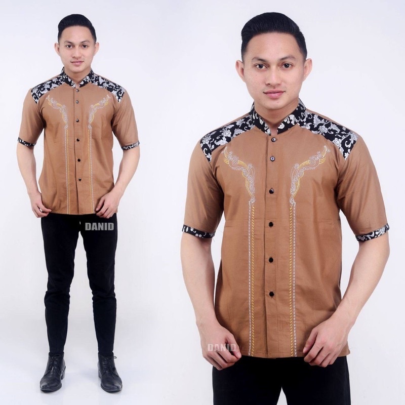 Baju Koko Pria Bordir Kombinasi Batik Prada Lengan Pendek Motif Aripin Bakung