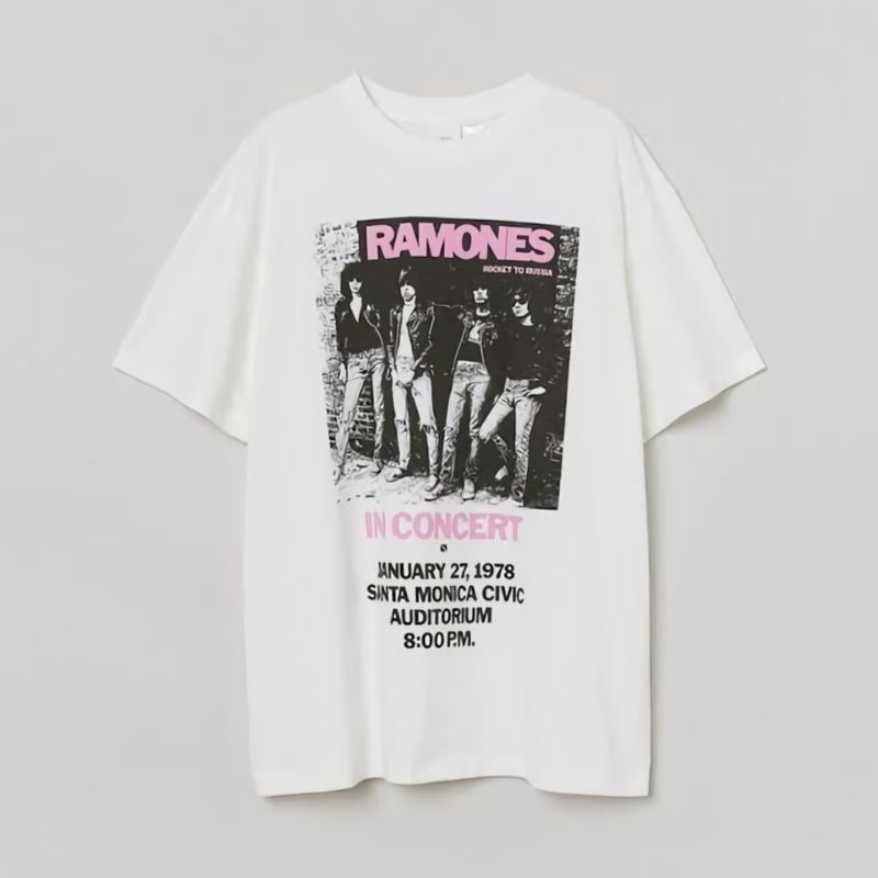 [BISA COD] KAOS T-SHIRT BAND PRIA WANITA H*M RAMONES WHITE PRINTED
