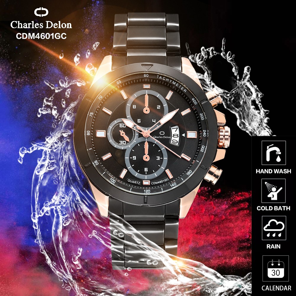 Jam Tangan Pria Watch Rantai Anti Air Tanggal Box Original Charles Delon CDM 4601 GC