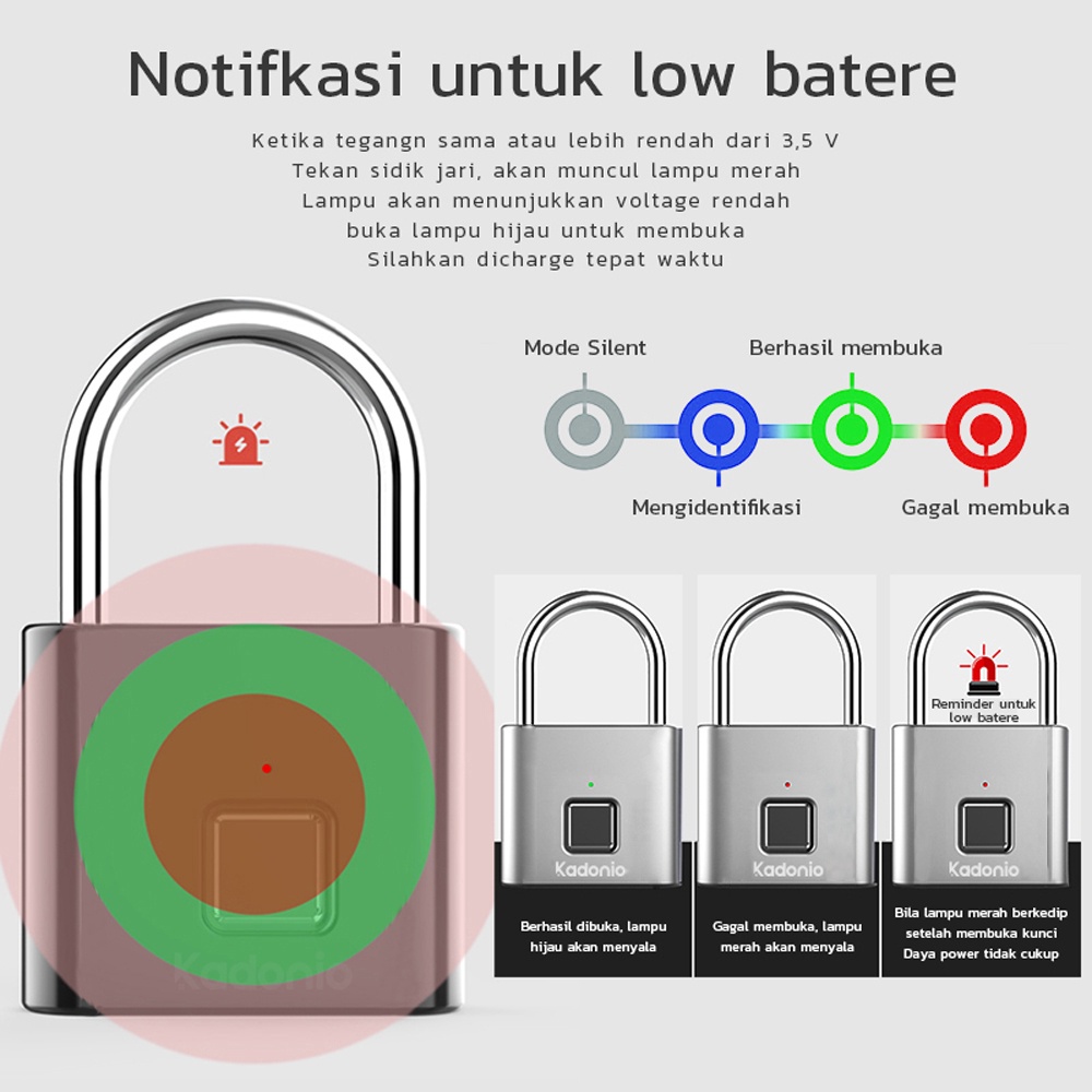 Kadonio kunci gembok sidik jari Smart Fingerprint Padlock Security gembok pagar pintu anti maling kunci gembok pintu