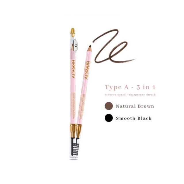 Brasov Eyebrow Pencil 3 In 1 Type A Sharperner + Brush, Pensil Alis Bpom Halal 2.5G