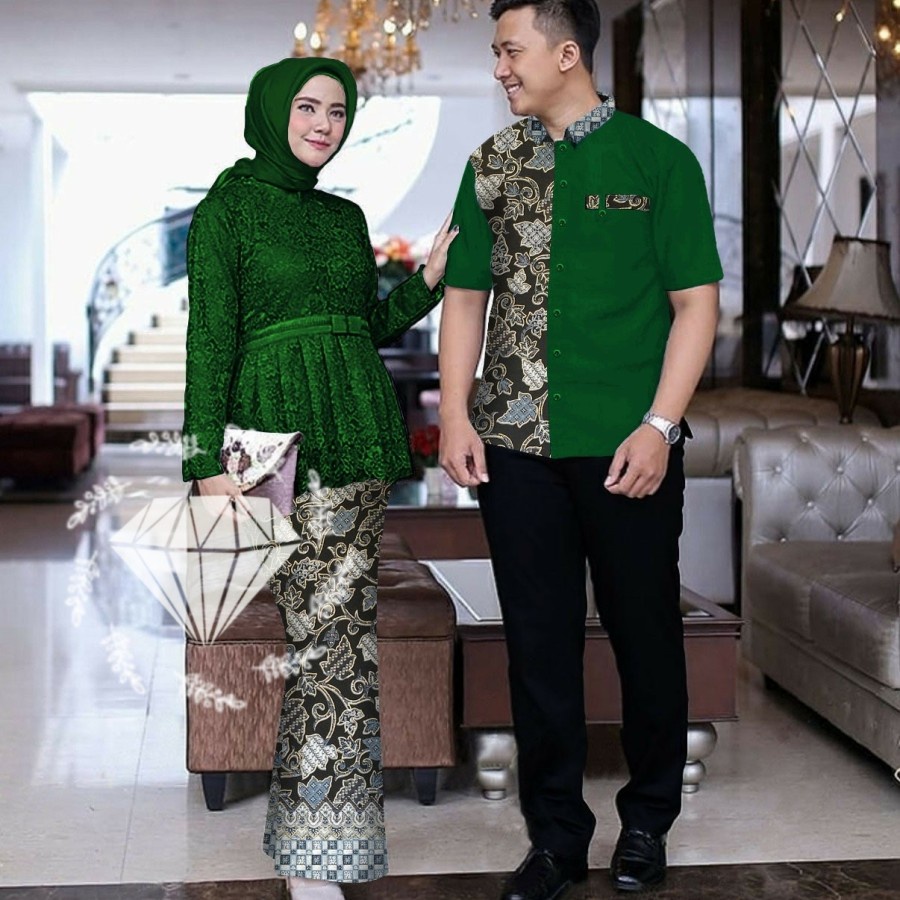 Baju Couple Batik CP Sarimbit Pasangan Brukat Kebaya Pesta Kondangan - Hijau Botol