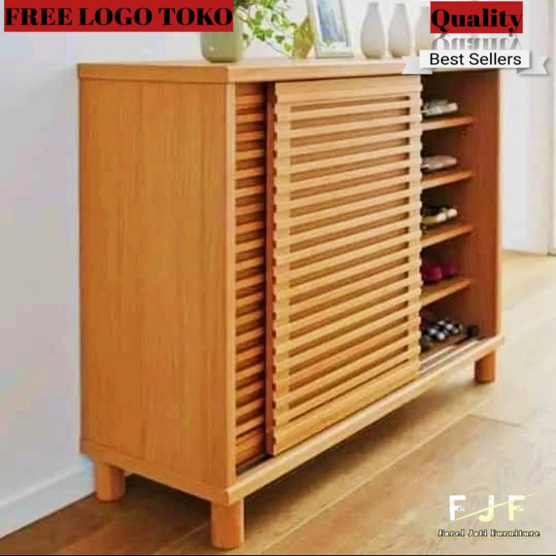 Lemari Sepatu Rak Sandal Minimalis Jati 2 Sliding Door Shoe Cabinet