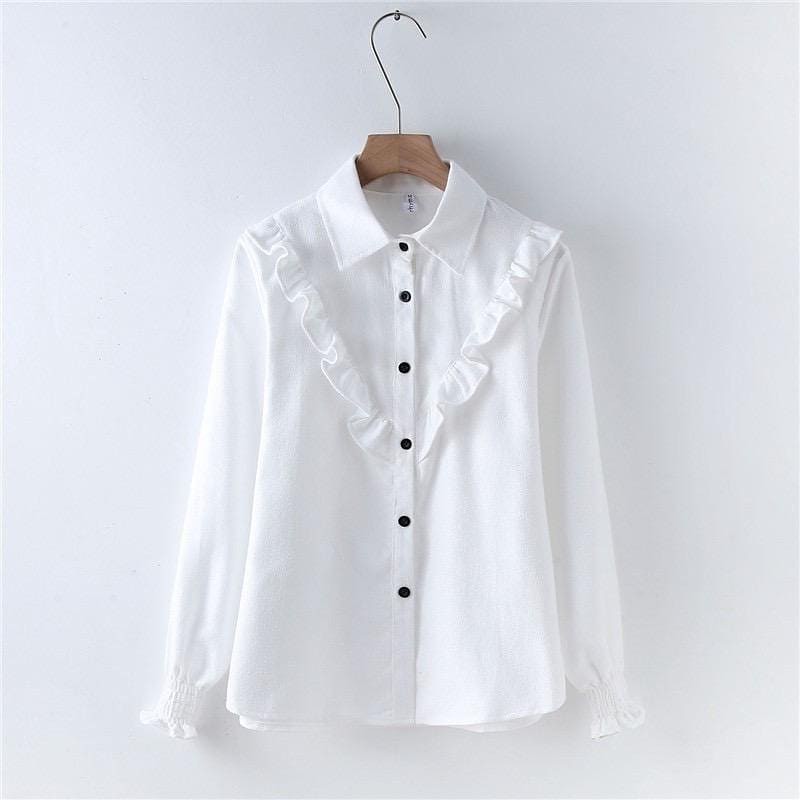 Baju Kemeja Wanita Formal  Style Korea Atasan Polos Casual Putih Lengan Panjang Outfit Ngantor-7