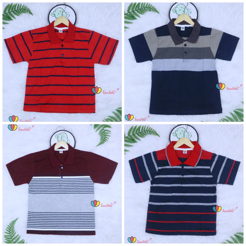 Kerah Salur T-Shirt Anak Laki uk 3-5 Tahun / Kaos Salur Baju Adem Lengan Pendek Murah Harian Polos