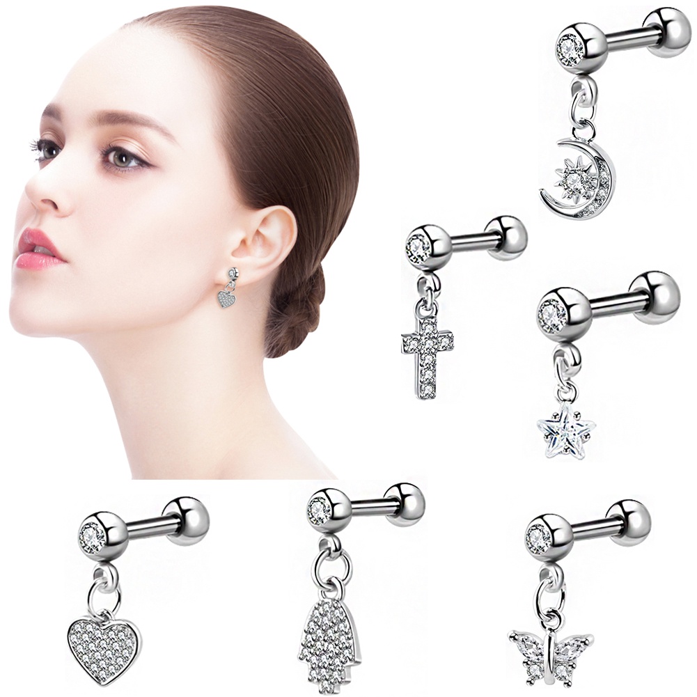 Anting Tusuk Gantung Bahan Titanium Steel Desain Bulan Sabit + Hati Hias Zircon Untuk Wanita