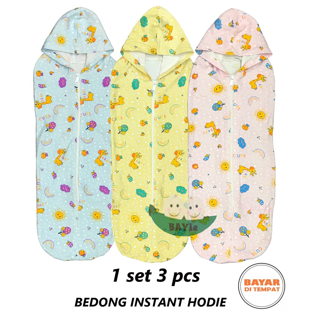 BAYIe - 3 PCS Bedong Bayi Instan dengan topi / Bedong HOODIE Motif RANDOM RYN'S Bahan 100% Katun DK