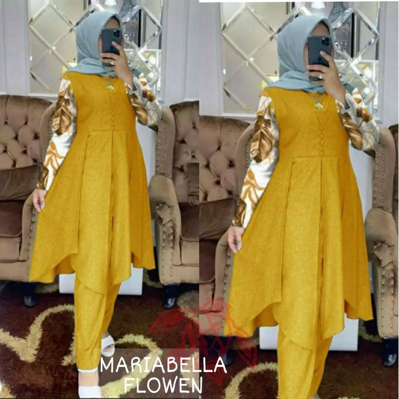 Setelan set jumbo Maria Flowen Tunik Wanita Kekinian Motif Bunga Terbaru 2021 2022 One Set Bahan mos